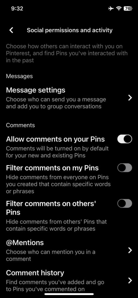 pinterest for ios settings